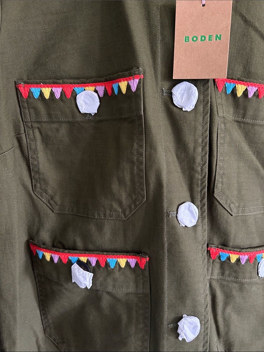 Boden Olive Green Utility Jacket with Colorful Embroidered Trim - Picture 4 of 9